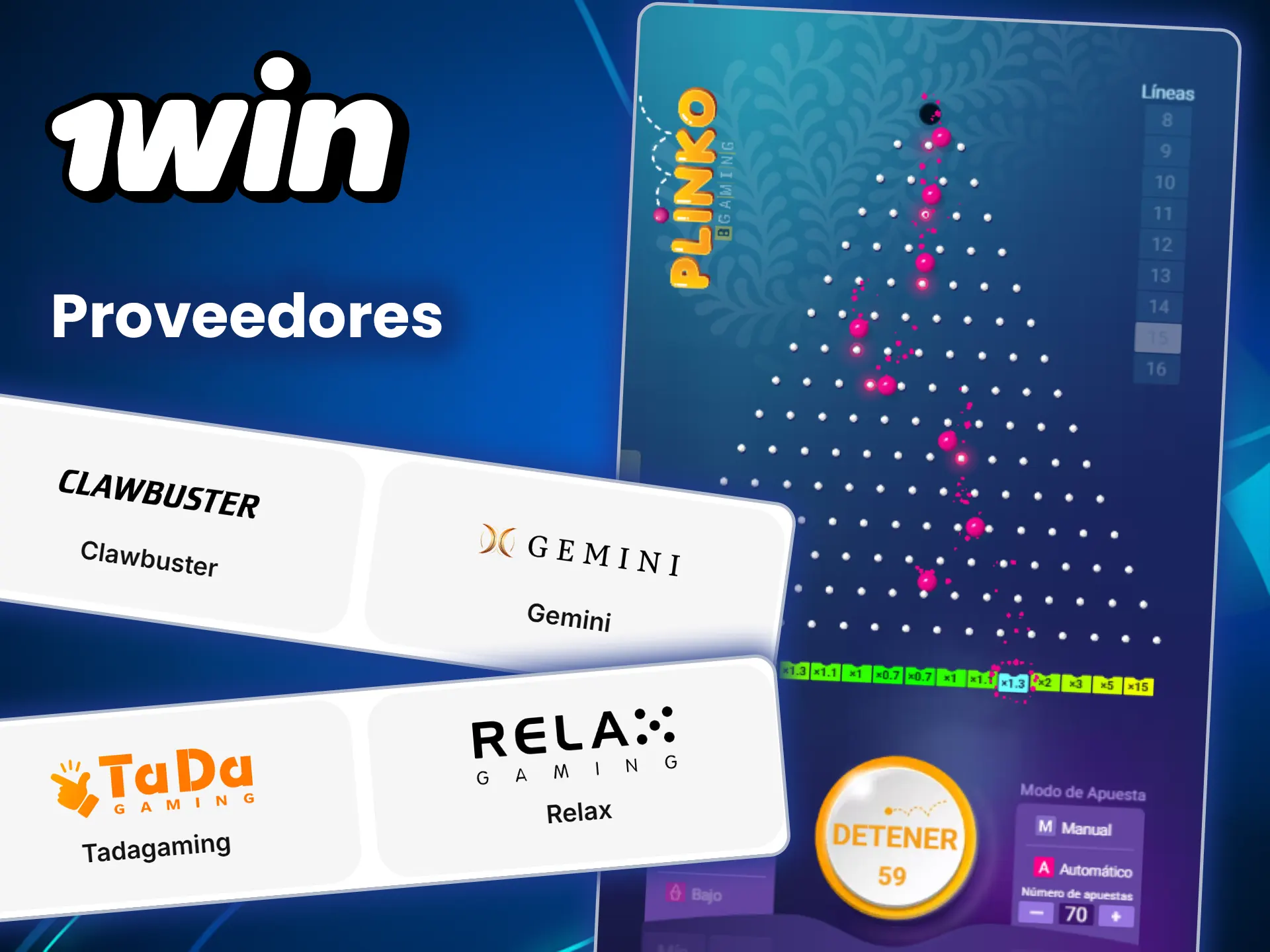 Echa un vistazo a los proveedores que ofrecen Plinko en el casino 1win.