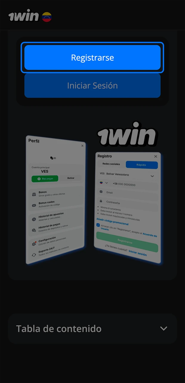 Utilice el botón para registrarse de forma rápida y eficaz en el casino 1Win.
