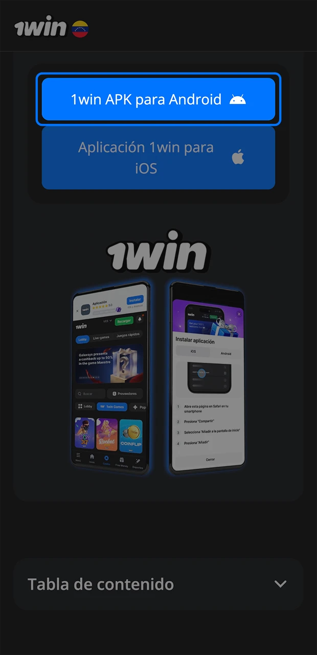 Utilice el botón para instalar rápidamente la aplicación 1Win en su dispositivo Android.