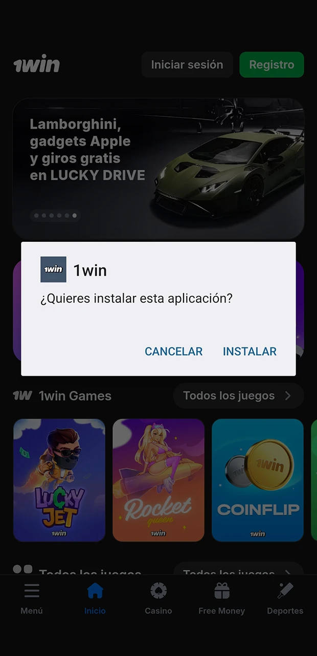 Confirma la instalación de la aplicación 1Win y espera a que finalice rápidamente.