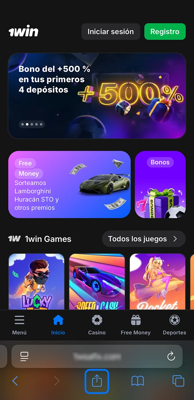 Seleccione el menú Compartir en los ajustes de Safari para añadir la aplicación 1Win.