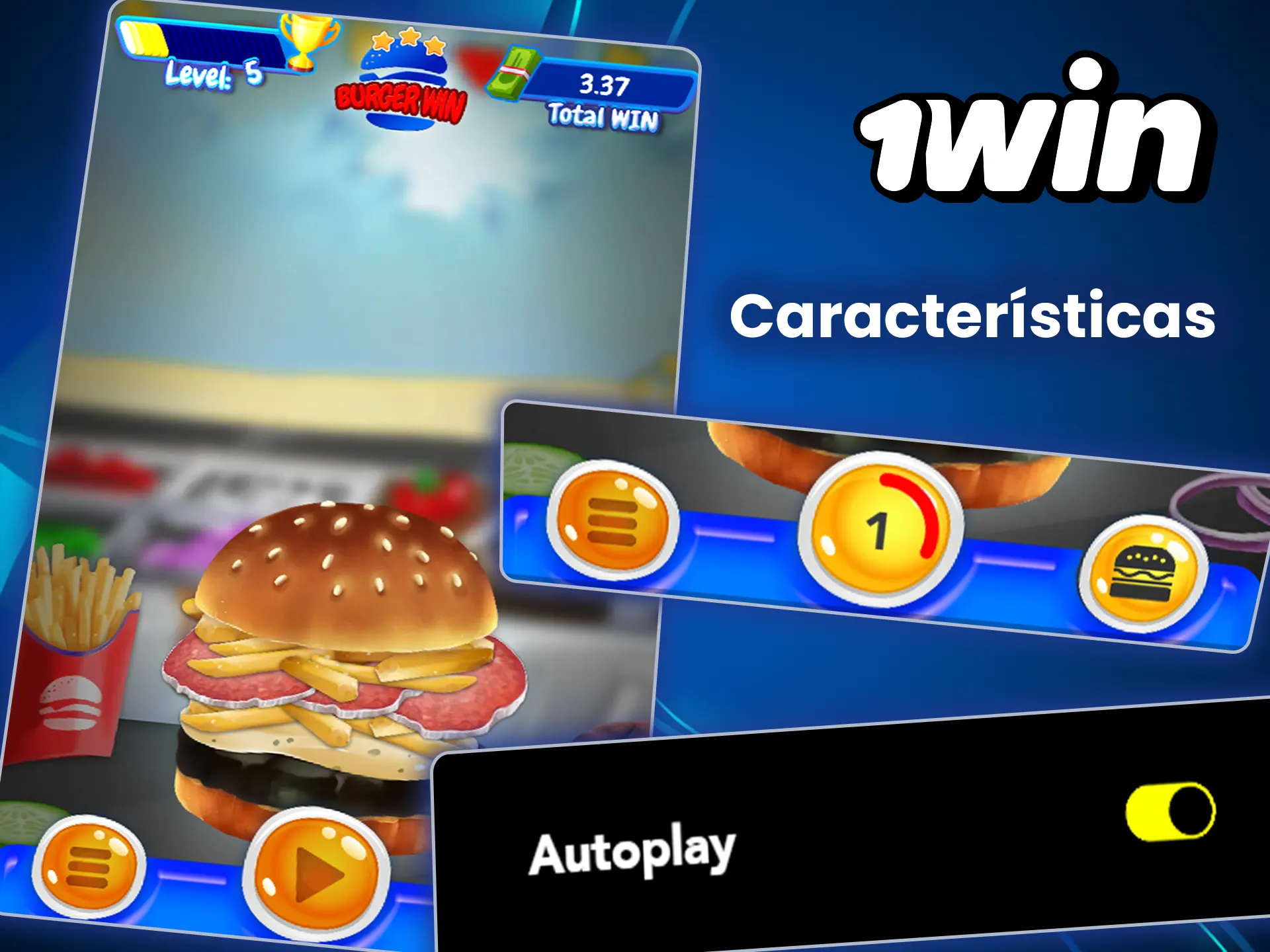 Echa un vistazo a las características del juego Burger Win del casino 1win.