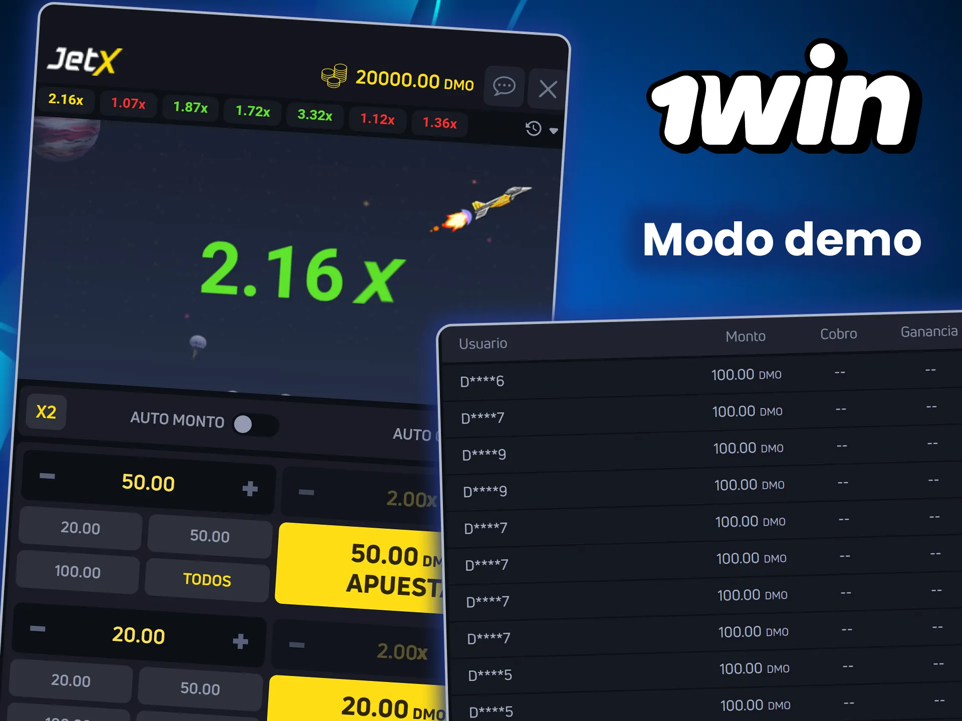 Prueba el modo demo de JetX en el casino 1win.