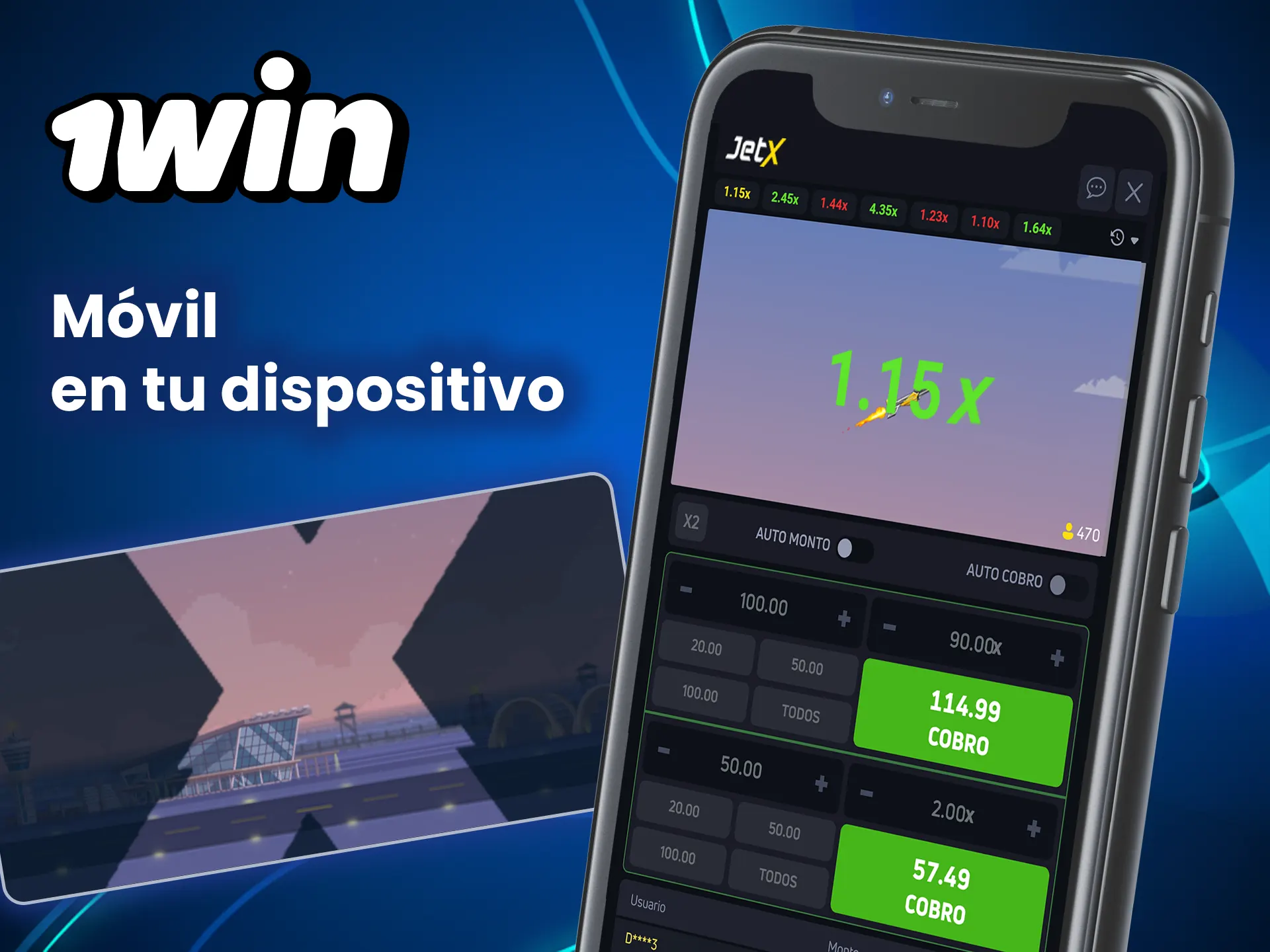 Instala JetX de 1win en tu dispositivo.
