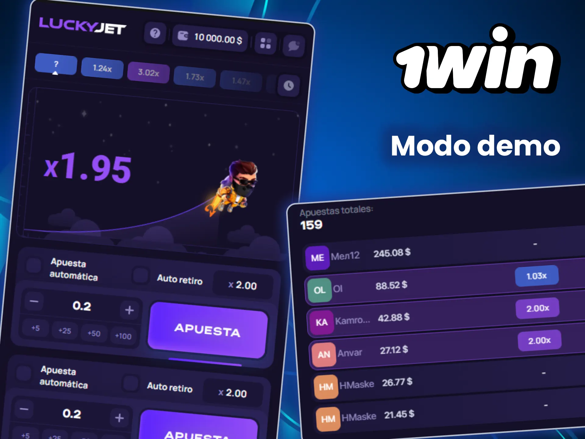 Inicia el modo demo de Lucky Jet en 1win y practica sin riesgo alguno.