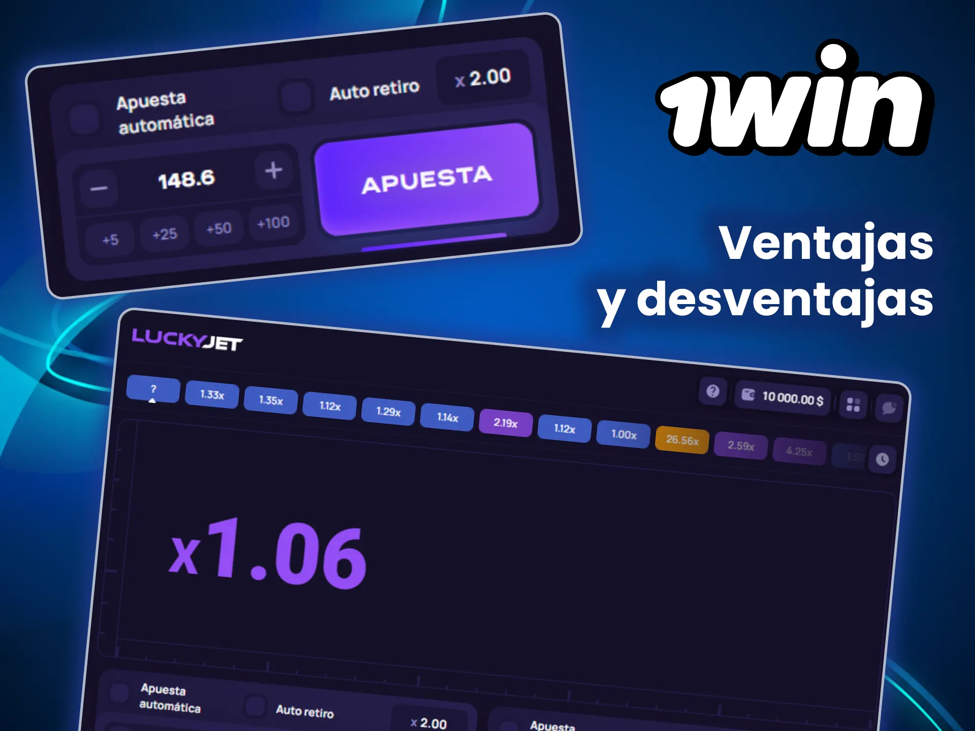 Echa un vistazo a las ventajas y desventajas de Lucky Jet en la plataforma 1win.