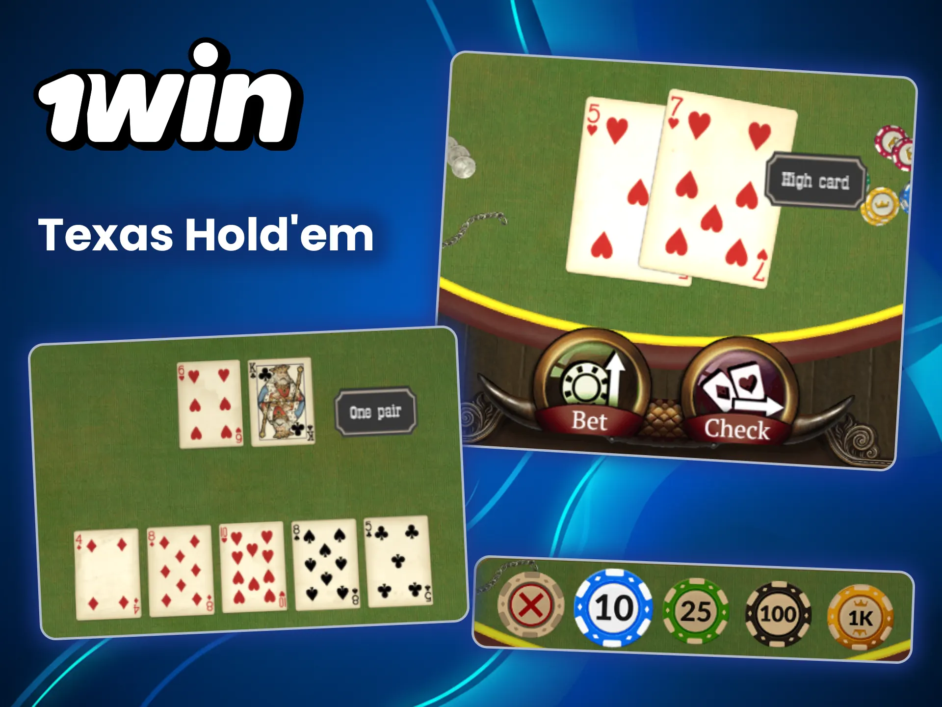 Abre las mesas de póquer Texas Holdem y demuestra tu destreza en 1win.