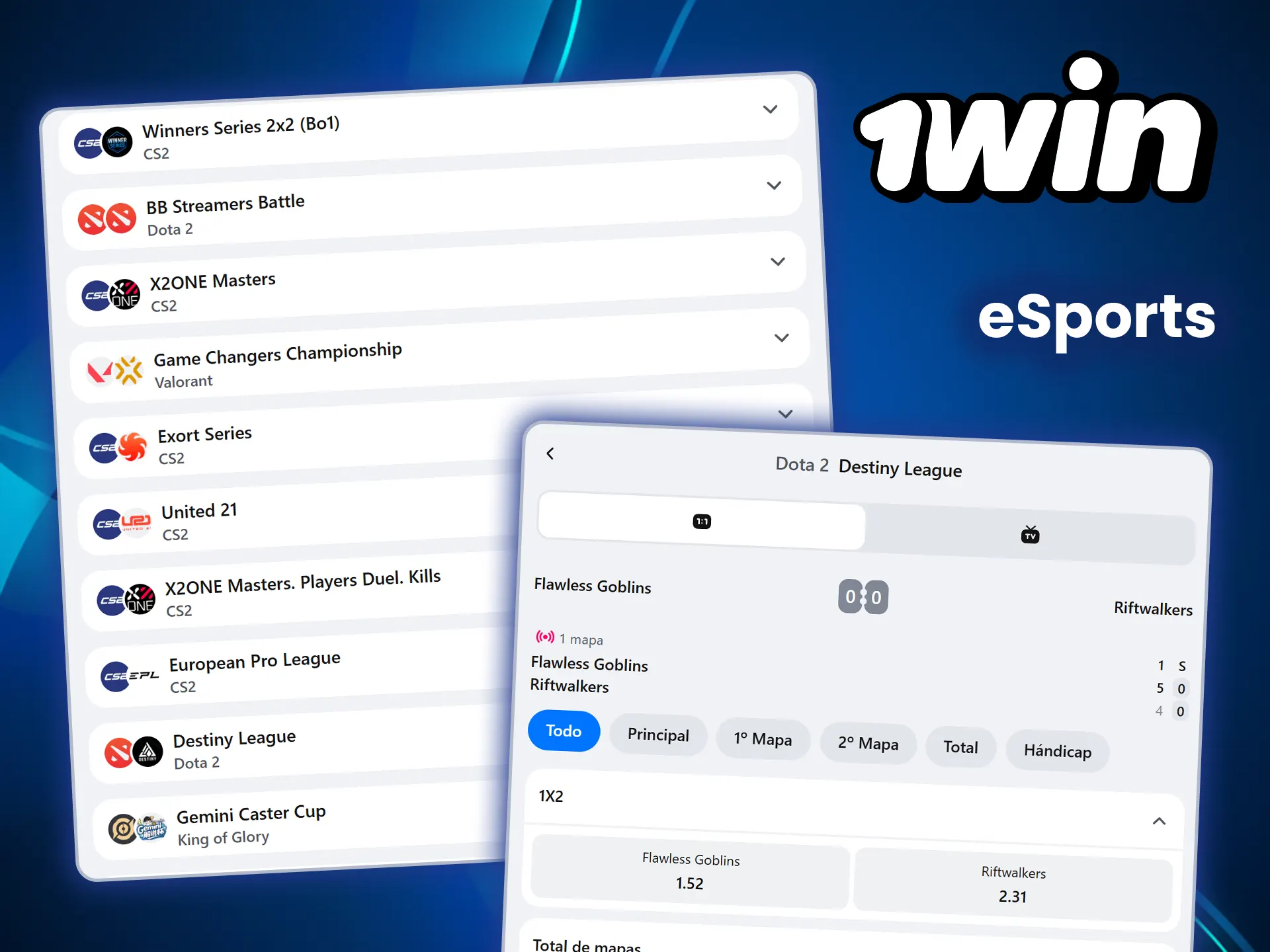 Regístrate para apostar en los deportes electrónicos en 1win pagina oficial.