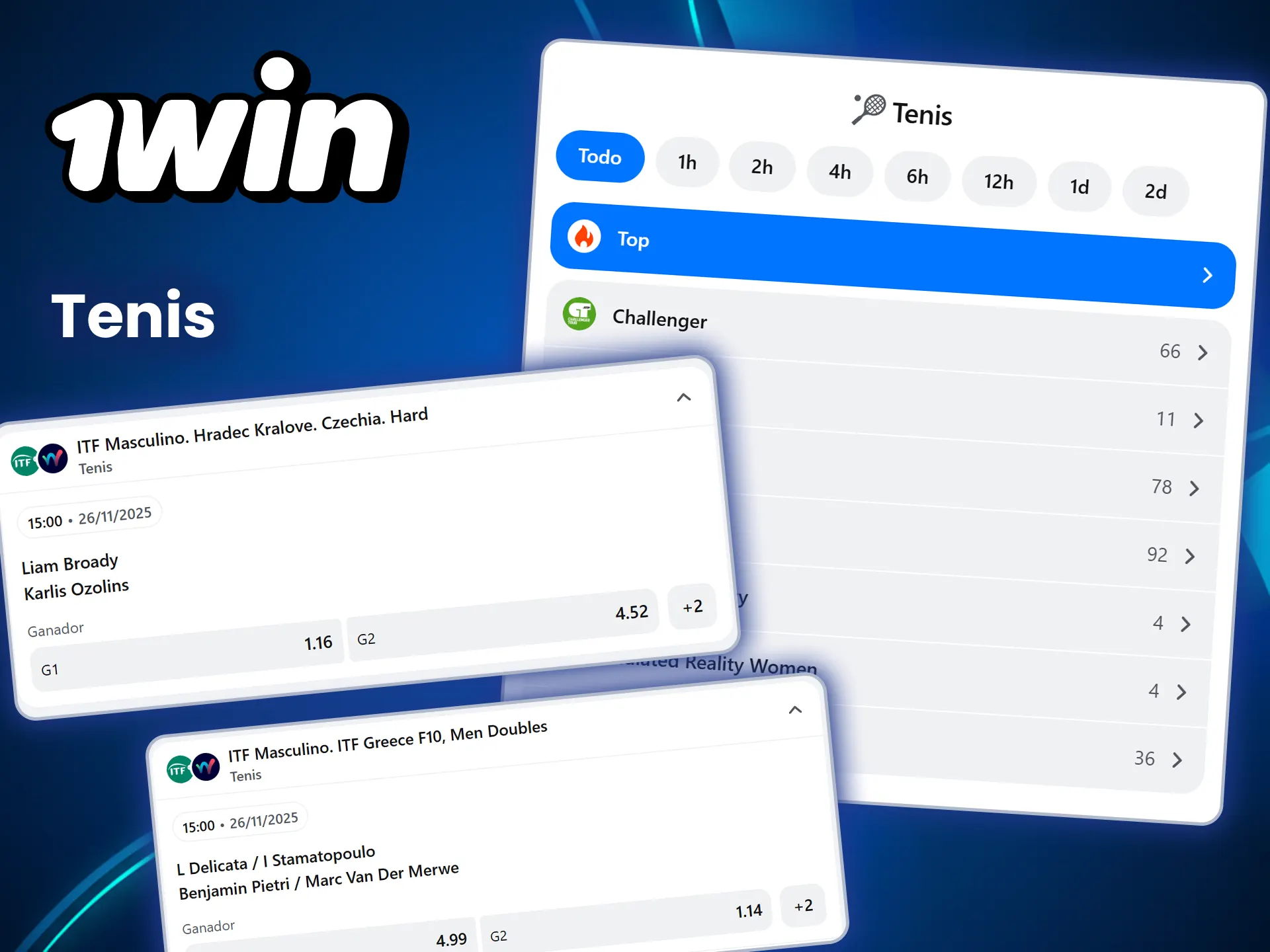 Apuesta por tu equipo favorito de tenis en 1win ve.