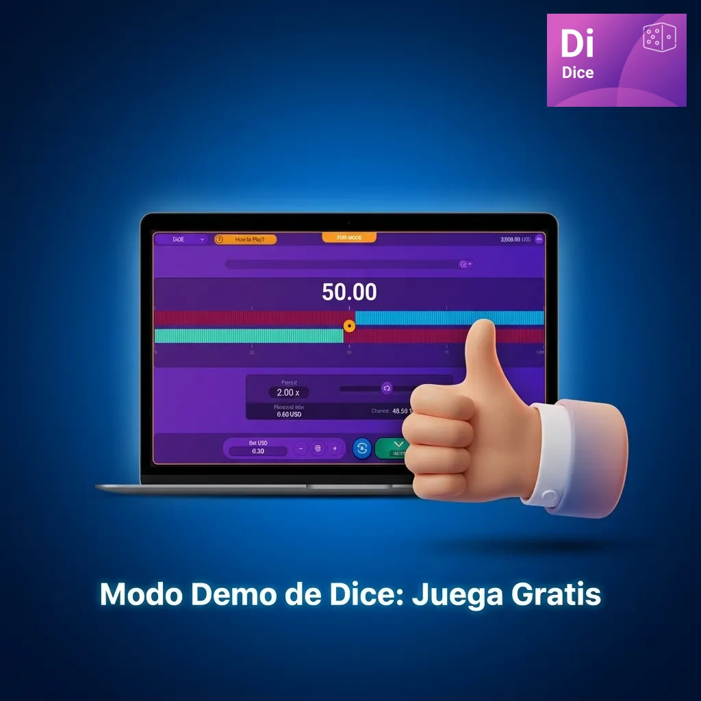 Interfaz del modo demo de Dice en 1win mostrando créditos virtuales y opciones de juego gratuito