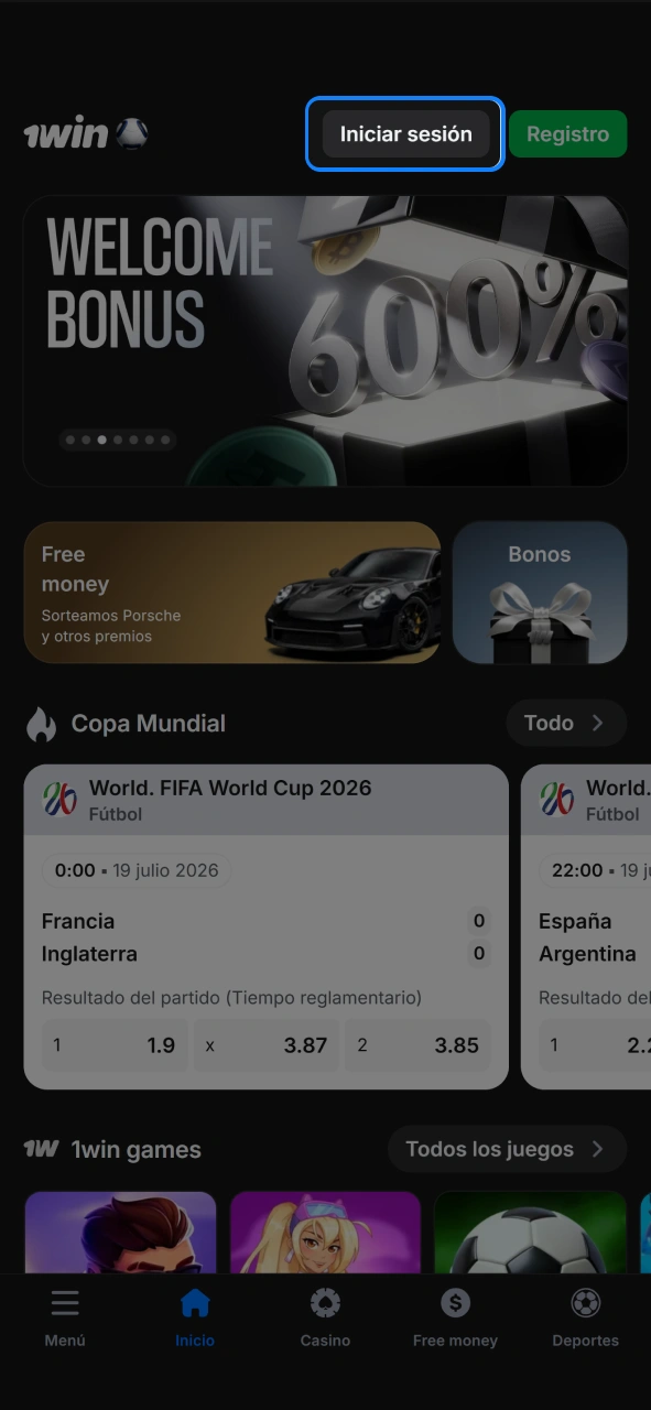 Presiona el botón para iniciar sesión en 1win oficial Venezuela.
