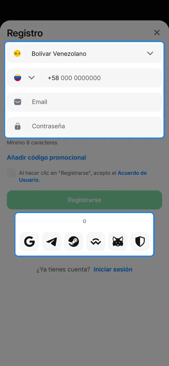 Selecciona tu método de creación de cuenta en 1win oficial.