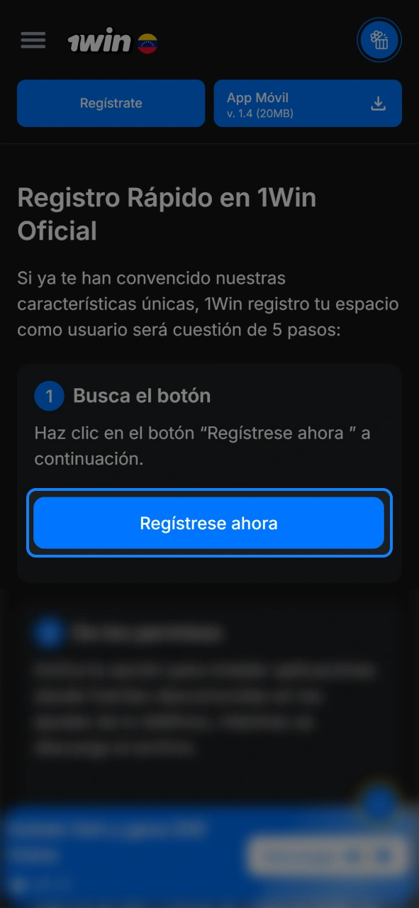 Haz clic en el botón de registro de 1win oficial.